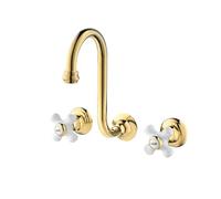 XJTNLB Victorian Basin Taps Bathroom Mixer Tap Tall Gold, Wall Mounted 2 Hole Basin Mixer Tap Dual Lever Taps for Bathroom Sink-A