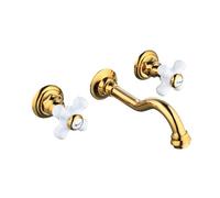 XJTNLB Victorian Basin Taps Gold Wall Tap Bathroom Traditional, Wall Mounted 2 Hole Basin Mixer Tap Dual Lever Hot and Cold Water Tap Mixer