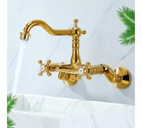 XJTNLB Victorian Basin Taps Wall Tap Bathroom Traditional Gold, Sink Taps for Kitchen Rotating Spout Bathroom Basin Tap Cold Hot Water Sink Mixer