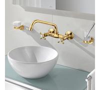 XJTNLB Wall Mounted 2 Hole Basin Mixer Tap Wall Tap Bathroom Traditional Gold, Bathroom Hot and Cold Tap Mixer Victorian Dual Lever-A
