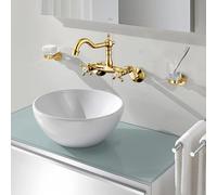 XJTNLB Wall Mounted 2 Hole Basin Mixer Tap Wall Tap Bathroom Traditional Gold, Bathroom Hot and Cold Tap Mixer Victorian Dual Lever-B