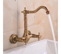 XJTNLB Wall Mounted Basin Mixer Tap Antique Bathroom Sink Taps Victorian 2 Hole Tall Wall Tap Bathroom Traditional Brass Basin Taps Hot and Cold-A