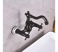 XJTNLB Wall Mounted Basin Mixer Tap Black Retro Bathroom Sink Taps Victorian 2 Hole Wall Tap Bathroom Traditional Brass Basin Taps Hot and Cold-B