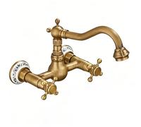 XJTNLB Wall Mounted Basin Taps Antique Brass Bathroom Sink Taps Victorian, Wall Mounted 2 Hole Basin Mixer Tap Dual Lever Hot and Cold Water Tap Mixer-D
