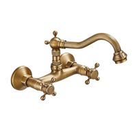 XJTNLB Wall Mounted Basin Taps Antique Brass Bathroom Sink Taps Victorian, Wall Mounted 2 Hole Basin Mixer Tap Dual Lever Hot and Cold Water Tap Mixer-B