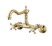 XJTNLB Wall Mounted Mixer Tap Bathroom Sink Gold Basin Mixer Tap 2 Hole with Rotating Spout Traditional Victorian Basin Taps for Bathroom Sink-A