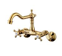 XJTNLB Wall Mounted Mixer Tap Bathroom Sink Gold Basin Mixer Tap 2 Hole with Rotating Spout Traditional Victorian Basin Taps for Bathroom Sink-B
