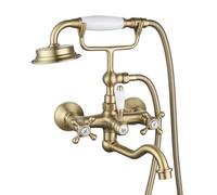 XJTNLB Wall Mounted Shower Tap Mixer Brushed Gold Bath Mixer Taps Traditional Rotating Spout Victorian Tap Cross Double Handles