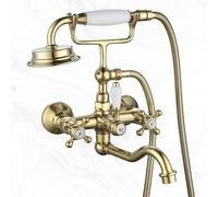XJTNLB Wall Mounted Shower Tap Mixer Gold Bath Mixer Taps Traditional Rotating Spout Victorian Tap Cross Double Handles