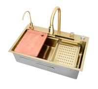 XJTNLB Waterfall Kitchen Sink Gold Single Bowl Kitchen Sink with Plumbing Kit Knob Control Workstation, Basin,Drainage Basket & Accessories, 68 * 45cm