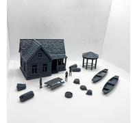 XJTS87059 1/87 HO Scale 3D Model Railway Train Related Item Gazebo Log Cabin Campfire Table Numbers and Small Boat
