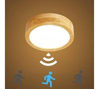 XKAI Motion Sensor LED Wood Panel Lights - 12W PIR Flush Ceiling Lamp - Round Warm White Indoor Lighting for Hallway, Balcony, Stairwell