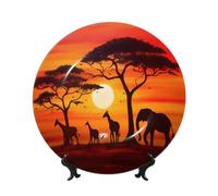 XKBFKLKMC African Animal Sunset Art Home Wobble-Plate Bone China Decorative Plate With Display Stand, Wall Hanging Decor Porcelain Plates Ornament Home Living Dining Room Study Wine Cabinet Decor