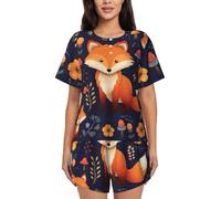 XKBFKLKMC Cute Animal Fox Flower Womens Pajamas Set Short Sleeve Summer Pj Sets, Round Neck Casual Loose Sleepwear Nightwear Loungewear, Drawstring With Pocket, S-4xl