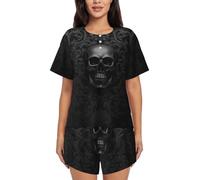 XKBFKLKMC Gothic Wallpaper Skull Womens Pajamas Set Short Sleeve Summer Pj Sets, Round Neck Casual Loose Sleepwear Nightwear Loungewear, Drawstring With Pocket, S-4xl