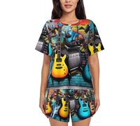 XKBFKLKMC Guitar Painting Womens Pajamas Set Short Sleeve Summer Pj Sets, Round Neck Casual Loose Sleepwear Nightwear Loungewear, Drawstring With Pocket, S-4xl