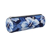 XKBFKLKMC Large Round Pencil Case Blue Hibiscus Print Pu Leather Pencilcase Bag Pen Pouch Stationery Storage Bag with Metal Zip for School, Work & Office
