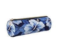 XKBFKLKMC Large Round Pencil Case Blue Hibiscus Print Pu Leather Pencilcase Bag Pen Pouch Stationery Storage Bag with Metal Zip for School, Work & Office