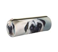 XKBFKLKMC Large Round Pencil Case Cry Pug Print Pu Leather Pencilcase Bag Pen Pouch Stationery Storage Bag with Metal Zip for School, Work & Office