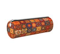 XKBFKLKMC Large Round Pencil Case Group of Moroccan Geome Print Pu Leather Pencilcase Bag Pen Pouch Stationery Storage Bag with Metal Zip for School, Work & Office