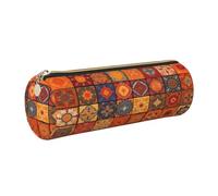 XKBFKLKMC Large Round Pencil Case Group of Moroccan Geome Print Pu Leather Pencilcase Bag Pen Pouch Stationery Storage Bag with Metal Zip for School, Work & Office