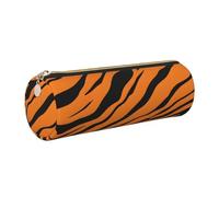 XKBFKLKMC Large Round Pencil Case Orange Tiger Leopard Print Pu Leather Pencilcase Bag Pen Pouch Stationery Storage Bag with Metal Zip for School, Work & Office