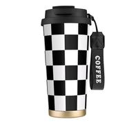 XKBFKLKMC Leakproof Insulated Coffee Mug, Black and White Plaid Print 16 Oz (500 Ml) Insulated Tumbler Cup with Lid and Straw, Stainless Steel Travel Coffee Cup for Water, Iced Tea Or Coffee