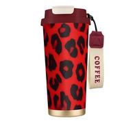 XKBFKLKMC Leakproof Insulated Coffee Mug, Red Leopard Pattern Print 16 Oz (500 Ml) Insulated Tumbler Cup with Lid and Straw, Stainless Steel Travel Coffee Cup for Water, Iced Tea Or Coffee