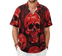 XKBFKLKMC Men's Casual Short Sleeve Shirt Red Skulls - Summer Button Down Beach Shirts with Pocket | Mens Hawaiian Shirts