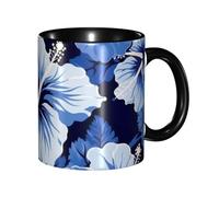 XKBFKLKMC Stylish Blue Hibiscus Printed 11 Oz Two Tone Ceramic Mugs | Colorful Inside Coffee Cup | Double Color Tea Drinking Mug for Home, Kitchen, and Office