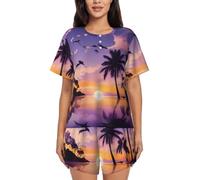XKBFKLKMC Summer Palm Tree Womens Pajamas Set Short Sleeve Summer Pj Sets, Round Neck Casual Loose Sleepwear Nightwear Loungewear, Drawstring With Pocket, S-4xl