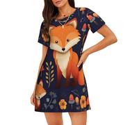 XKBFKLKMC Women'S Nightdress Short Sleeve Nightgown Soft Nightdress Ladies Loose Cute Animal Fox Flower Print Summer Loungwear Sleepwear