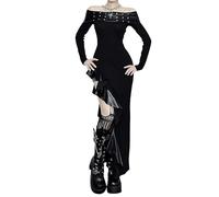XKBHYD Gothic Off The Shoulder Long Dress Steampunk Side Split Slimming Long Sleeve Sexy Maxi Dress Alternative Clothing Black