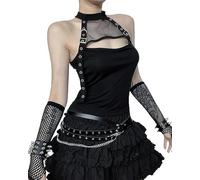 XKBHYD Ladies Gothic Crop Tops Mesh Hollow Grunge Punk Tank Tops Womens Emo Alt Harajuku Shirt with Outer Sleeve Black