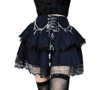 XKBHYD Ladies Gothic Mini Skirt Hight Waist Pleated Skater Punk Grunge Lace Up Skirt Harajuku Lolita Skirts with Chain Navy Blue