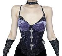 XKBHYD Ladies Grunge Punk Camisole Gothic Velvet Crop Tops for Women Vintage Alt Emo Shirt Mall Goth Harajuku Tops Purple