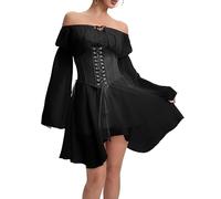 XKBHYD Ladies Two Piece Sets Corset Dress Off Shoulder Bell Sleeve Chiffon Dresses Womens Lace-Up Mini Bustier Party Dress Black