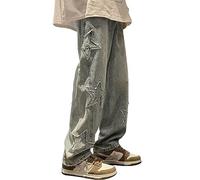 XKBHYD Straight Wide Leg Jeans Y2k Star Patch Denim Pants Outdoor Hiking Pants Baggy Trousers, R-blue, 3X-Large