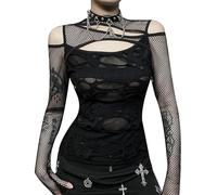 XKBHYD Women Gothic Crop Tops Crewneck Y2K Emo T Shirts Sexy Fish Net Long Sleeve Tops Punk Grunge Alt Shirts Black