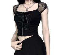 XKBHYD Women Gothic Crop Tops Grunge Punk Bandage Shirt Mesh Short Sleeve Harajuku Alt Shirt Y2K Emo Tops Black