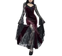 XKBHYD Women Gothic Fairy Maxi Dress Vintage Long Sleeve Velvet Dresses Alt Slim Fit Long Dress Harajuku Witchy Dress Wine