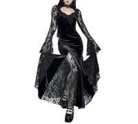 XKBHYD Women Gothic Fairy Maxi Dress Vintage Long Sleeve Velvet Dresses Alt Slim Fit Long Dress Harajuku Witchy Dress Black