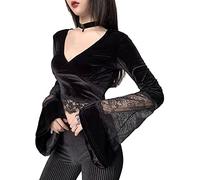 XKBHYD Women Gothic Velvet Crop Tops V Neck Grunge Punk Shirts Harajuku Lace Long Sleeve T Shirts Y2K Emo Alt Clothes Black