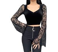 XKBHYD Women Gothic Velvet Crop Tops Y2K Long Sleeve Emo Alt Shirt Mall Goth V Neck Grunge Punk Harajuku T Shirt Black