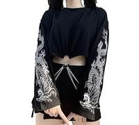 XKBHYD Womens Gothic Crop Tops Long Sleeve Dragon Print Shirt Punk Crewneck Grunge Alt Emo Tops with Iron Chain Black