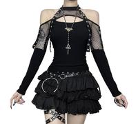 XKBHYD Womens Gothic Crop Tops - Sexy Mesh Hallow Long Sleeve Shirts - Ladies Grunge Punk Emo Alt Harajuku Tops Black
