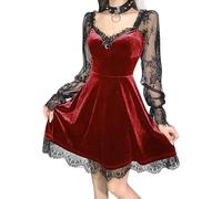 XKBHYD Womens Gothic Velvet Dress Long Sleeve Vintage Witchy Dresses Moon Lolita Fairy Dress Lace Punk Grunge Dress Bright Red