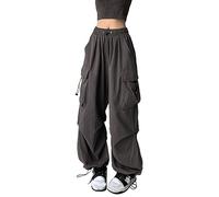 XKBHYD Womens Parachute Cargo Pants - Gothic Elastic Waist Harem Trousers with Cargo Pockets - Grunge Punk Style - Grey