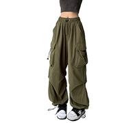 XKBHYD Women's Parachute Cargo Pants - Y2K Baggy Gothic Elastic Waist Harem Trousers - Army Green