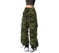 XKBHYD Womens Parachute Pants Y2K Baggy Cargo Gothic Elastic Waist Harem Pants Cargo Pockets Grunge Punk Trousers Camouflage